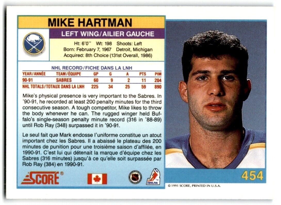 1991-92 Score Canadian Mike Hartman Buffalo Sabres #454