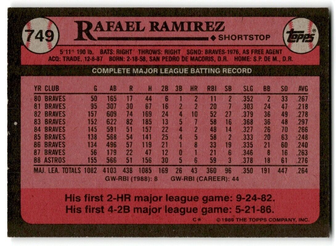 1989 Topps Rafael Ramirez Houston Astros #749