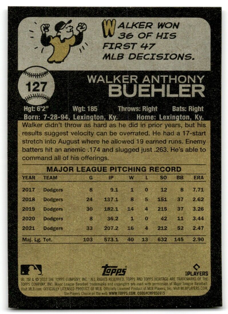 2022 Topps Heritage Walker Buehler Los Angeles Dodgers #127