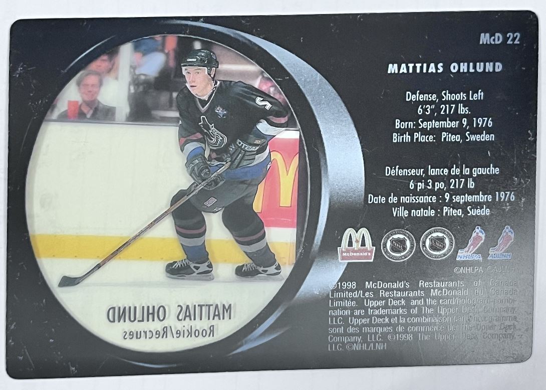 1998-99 Upper Deck McDonald's Mattias Ohlund Vancouver Canucks #MCD 22