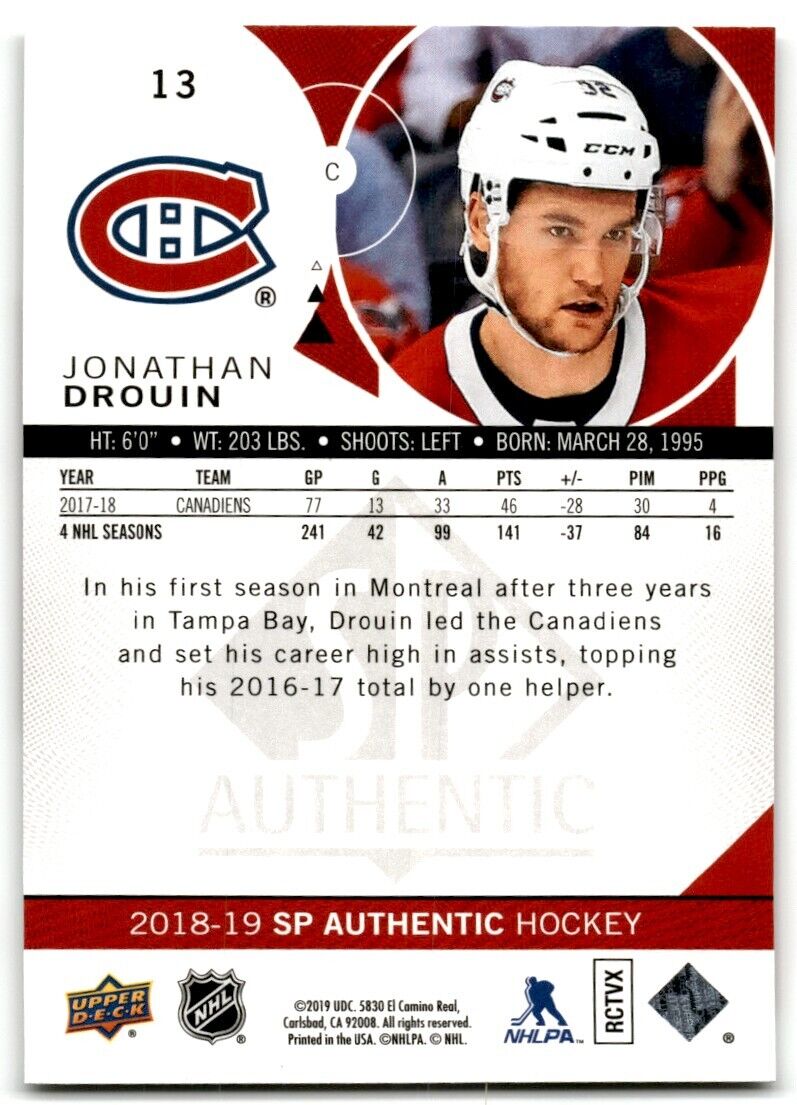 2018-19 SP Authentic Jonathan Drouin Montreal Canadiens #13