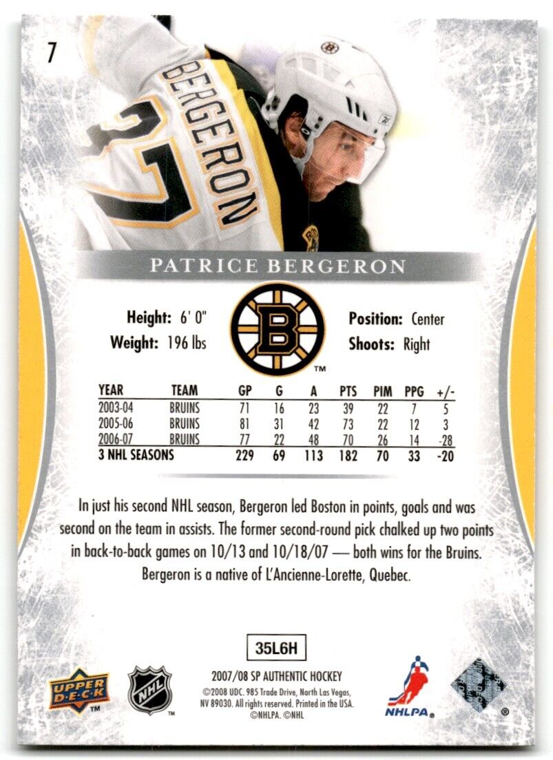 2008-09 SP Authentic Patrice Bergeron Boston Bruins #7