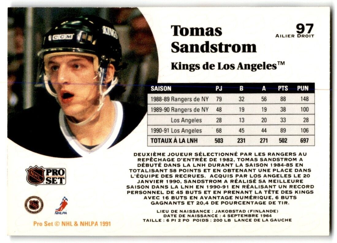 1991-92 Pro Set French Tomas Sandstrom Los Angeles Kings #97