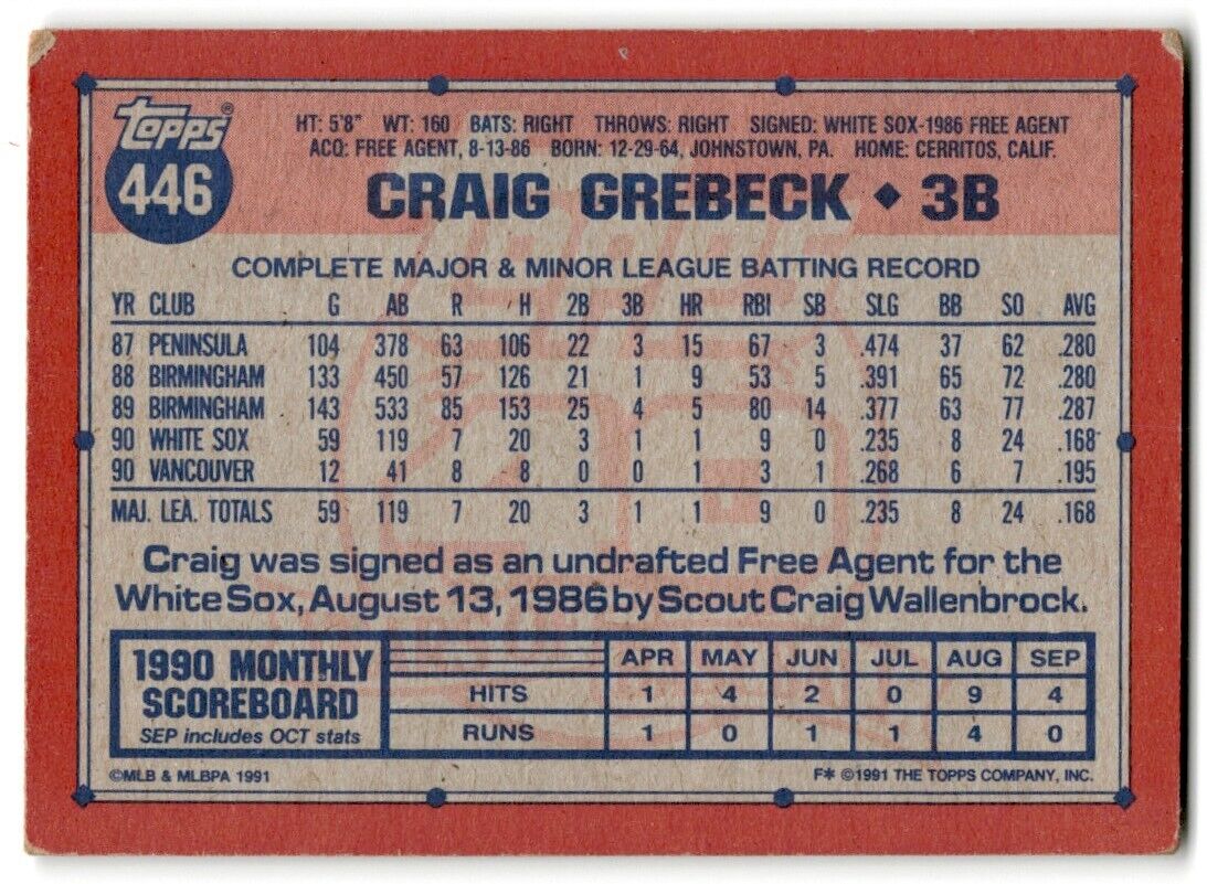 1991 Topps Craig Grebeck Chicago White Sox #446