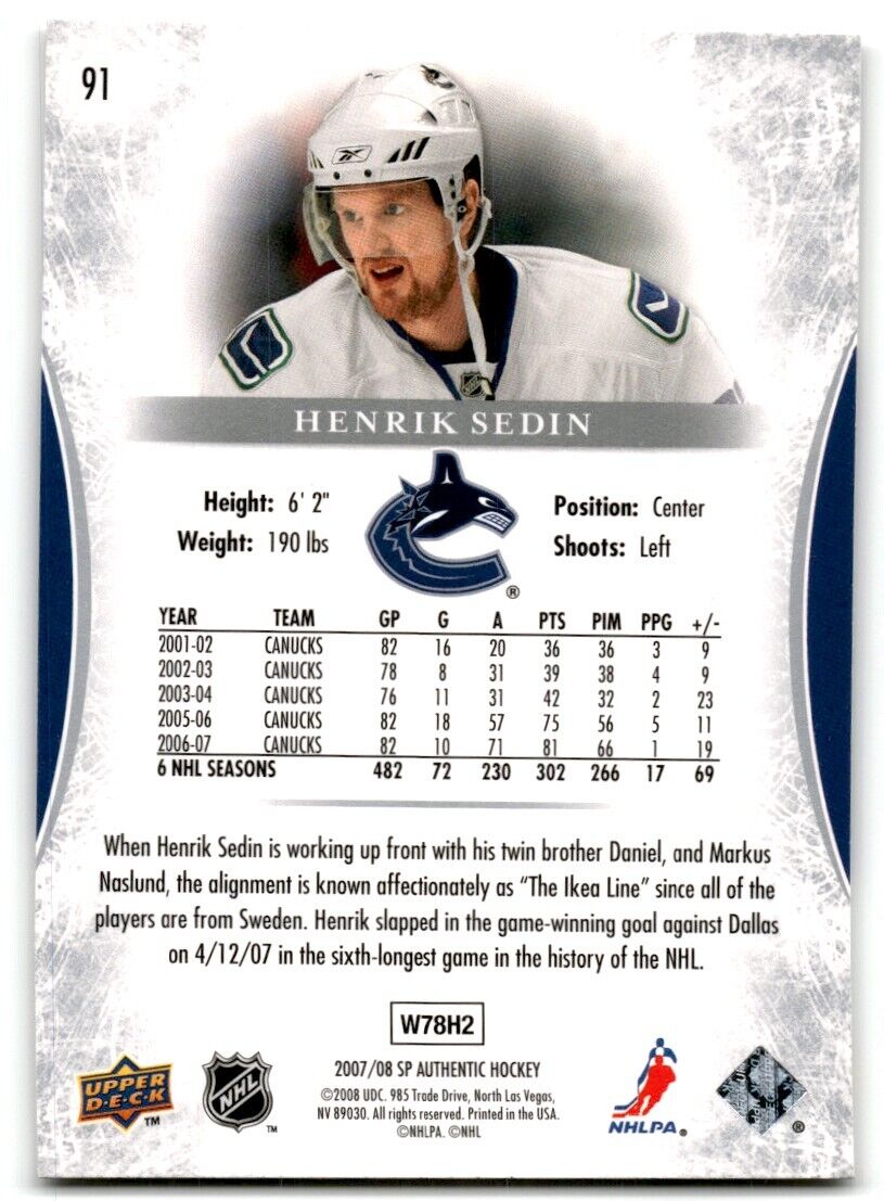 2007-08 SP Authentic Henrik Sedin Vancouver Canucks #91