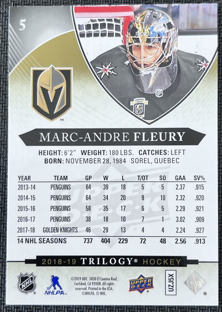 2018-19 Upper Deck Trilogy Marc-Andre Fleury Vegas Golden Knights #5