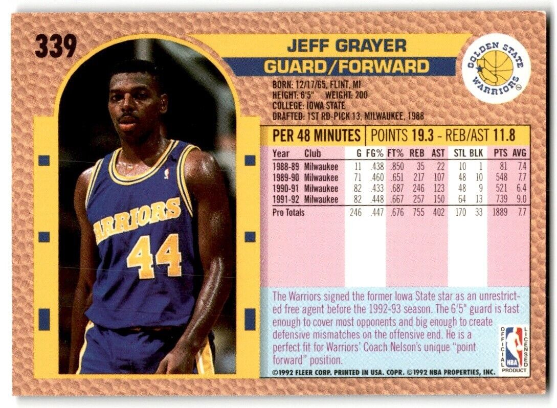 1992-93 Fleer Jeff Grayer Golden State Warriors #339