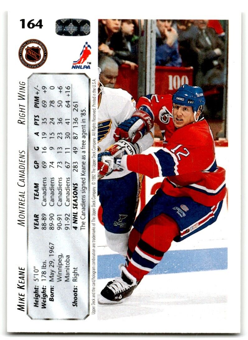 1992-93 Upper Deck Mike Keane Montreal Canadiens #164