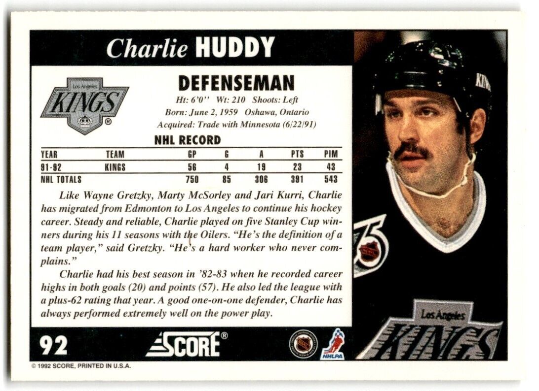 1992-93 Score Charlie Huddy Los Angeles Kings #92