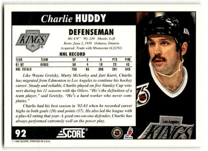 1992-93 Score Charlie Huddy Los Angeles Kings #92