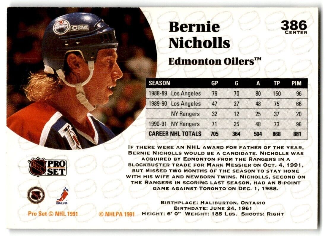 1991-92 Pro Set Bernie Nicholls Edmonton Oilers #386