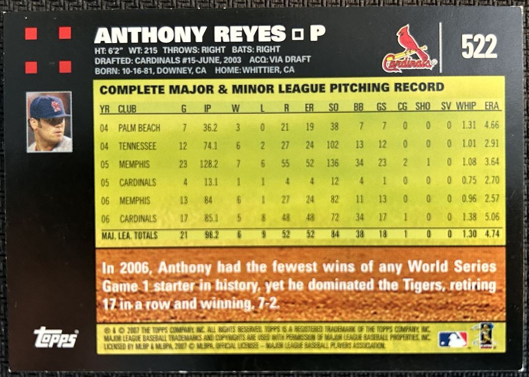 2007 Topps Anthony Reyes St. Louis Cardinals #522