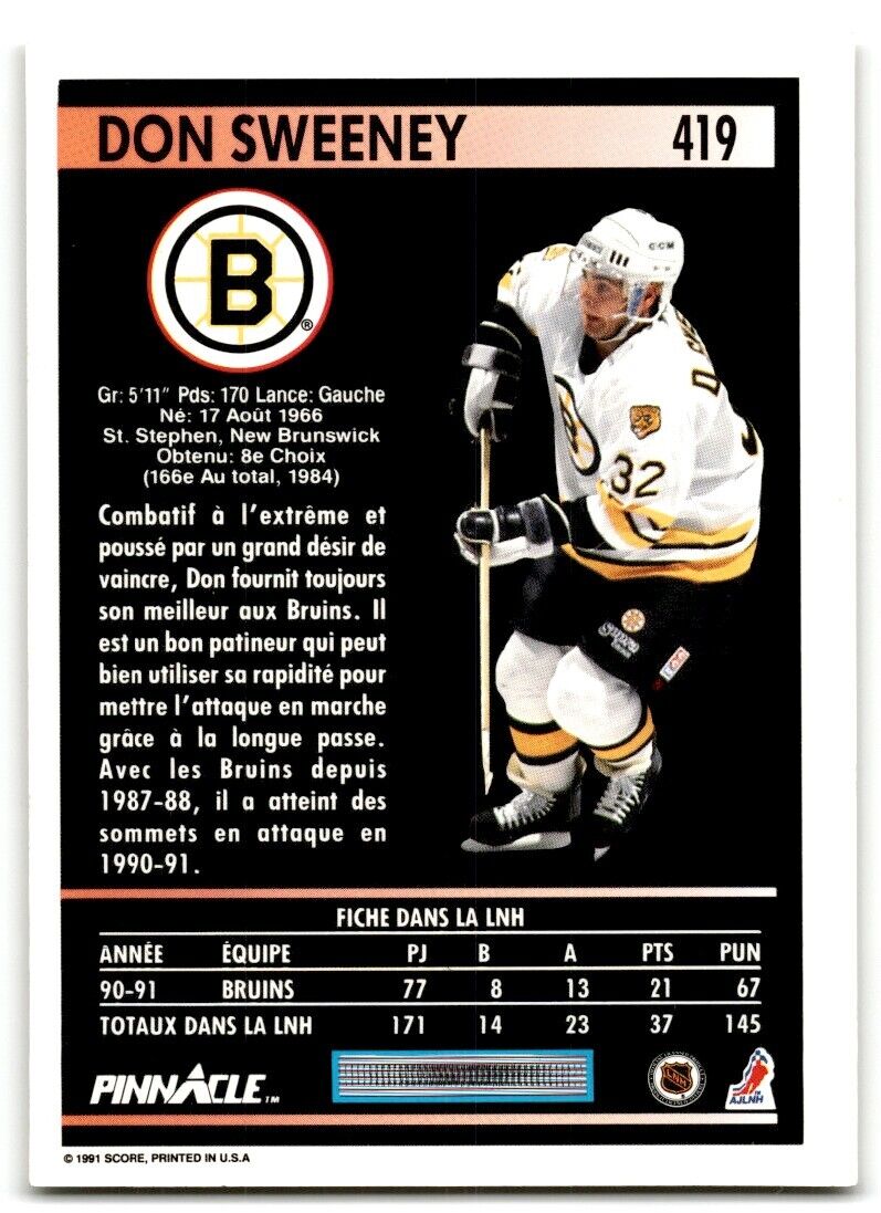 1991-92 Pinnacle Don Sweeney Boston Bruins #419