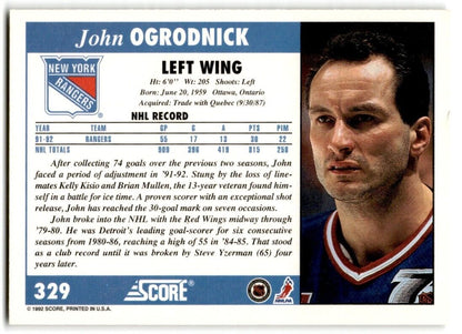 1992-93 Score John Ogrodnick New York Rangers #329