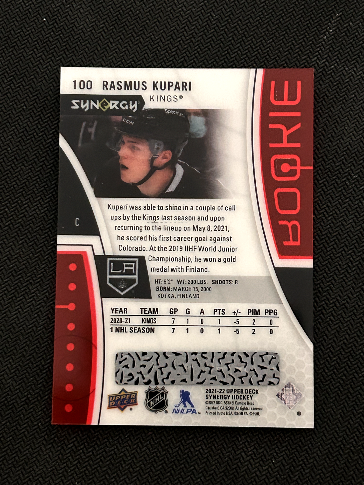 2021-22 UD Synergy Red Rookies WITH CODE #100 Rasmus Kupari - Los Angeles Kings