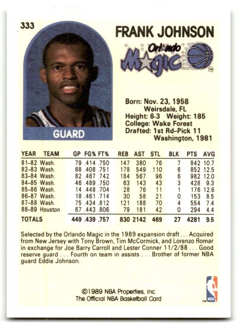 1989-90 Hoops Frank Johnson Orlando Magic #333