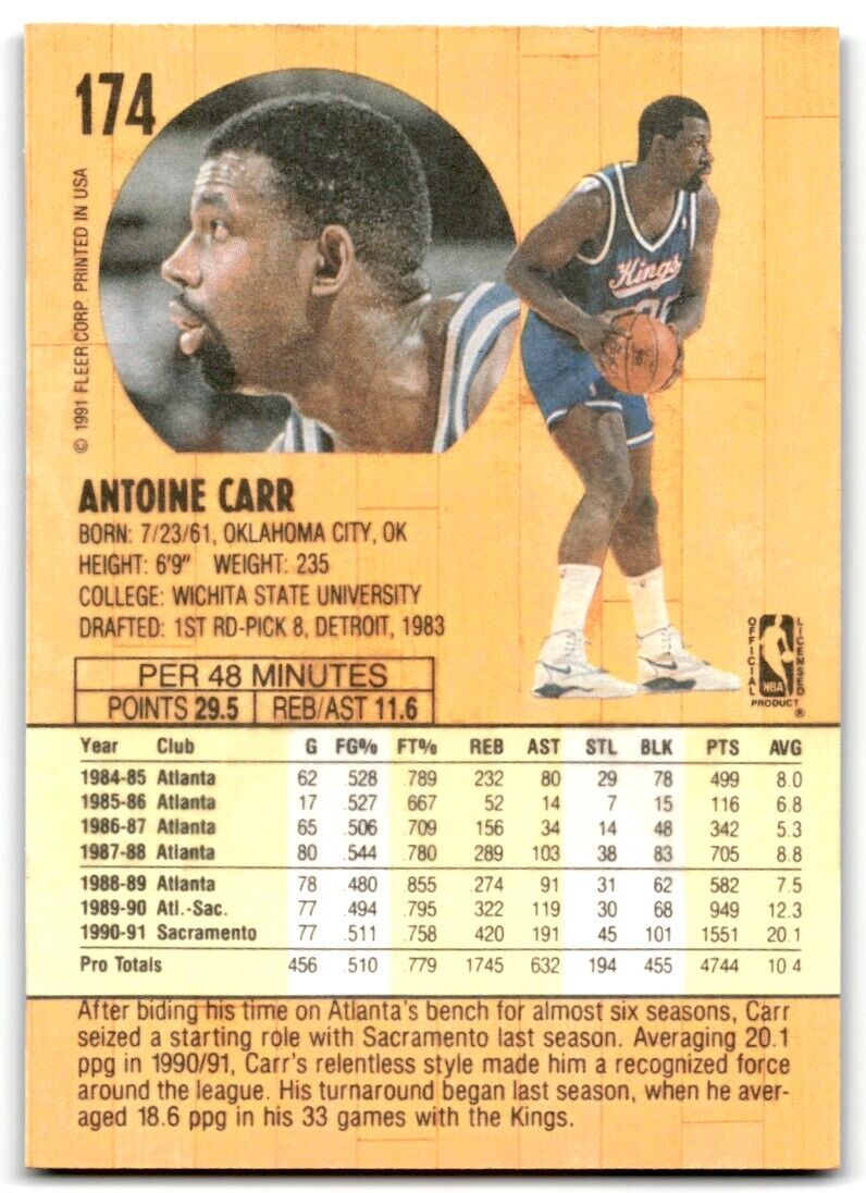 1991-92 Fleer Antoine Carr Sacramento Kings #174