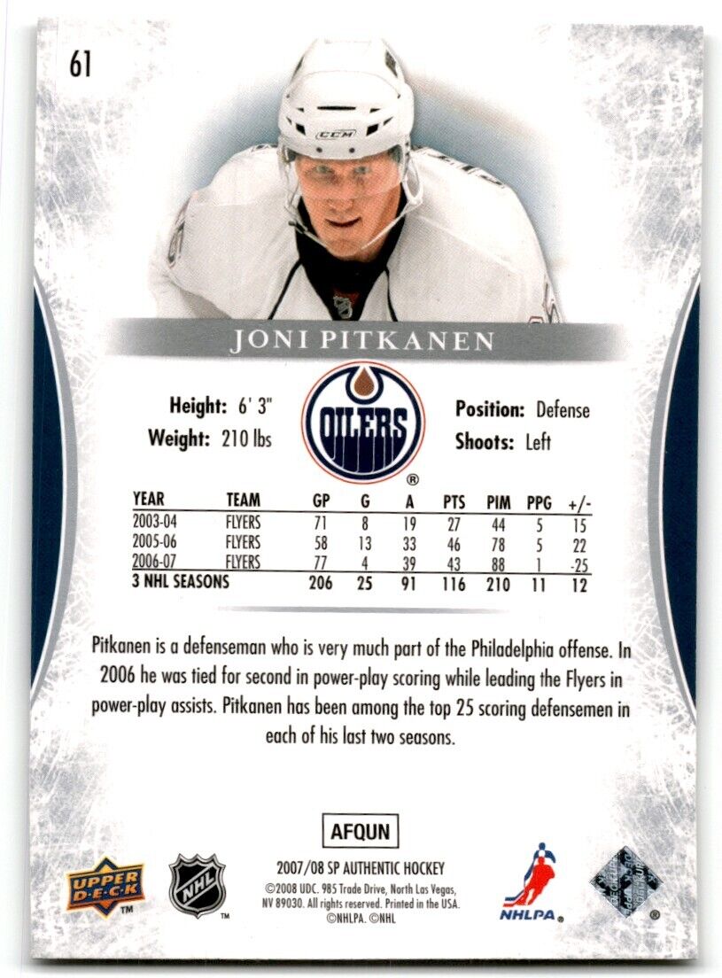 2007-08 SP Authentic Joni Pitkanen Edmonton Oilers #61