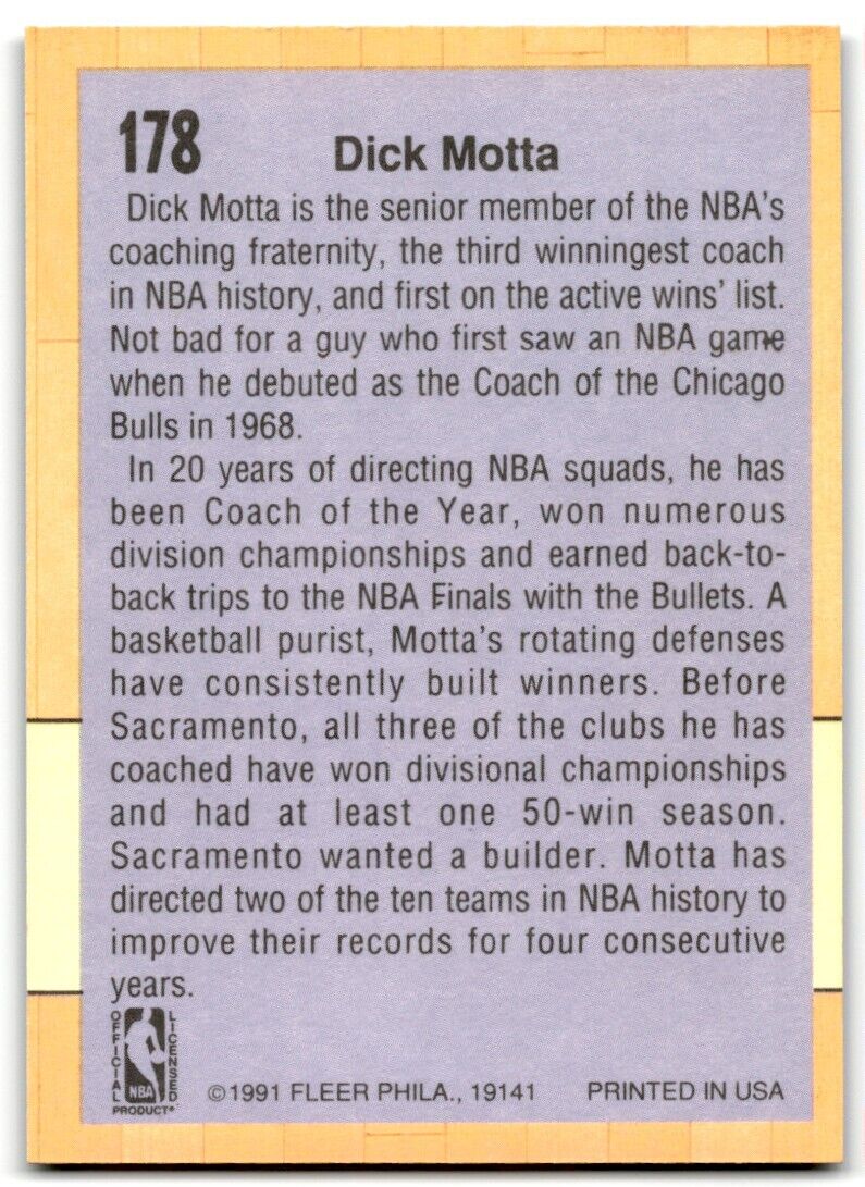 1991-92 Fleer Dick Motta Sacramento Kings #178