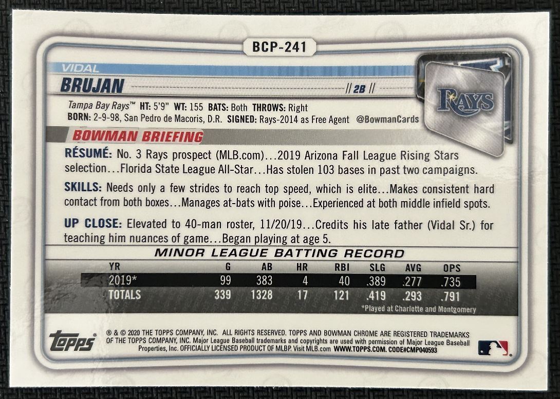 2020 Bowman Chrome Prospects Vidal Brujan Tampa Bay Rays #BCP-241