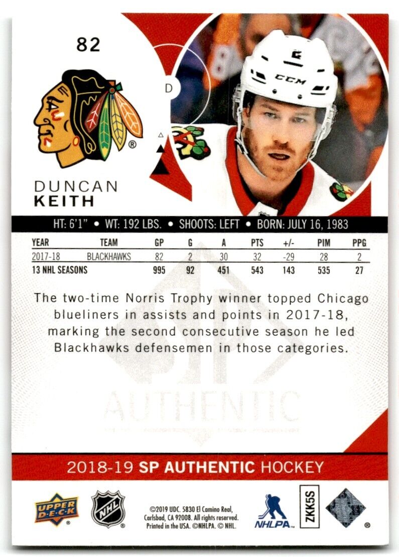 2018-19 SP Authentic Duncan Keith Chicago Blackhawks #82