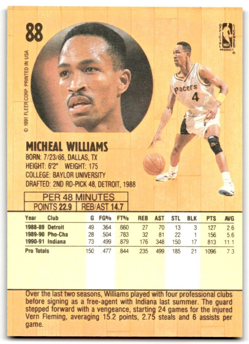 1991-92 Fleer Micheal Williams Indiana Pacers #88