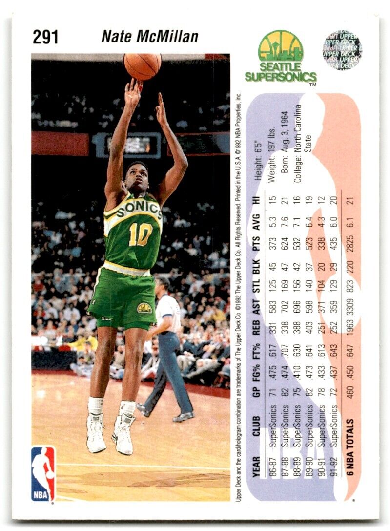 1992-93 Upper Deck Nate McMillan Seattle SuperSonics #291