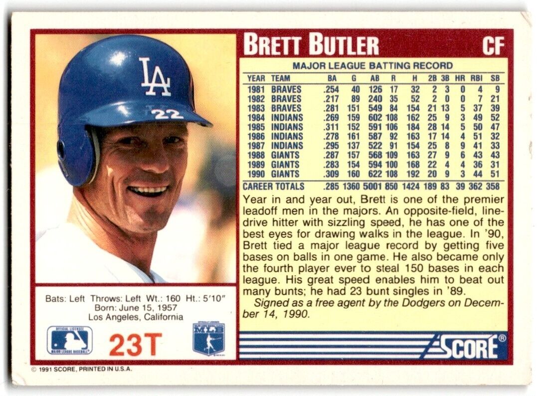 1991 Score Brett Butler Los Angeles Dodgers #23T