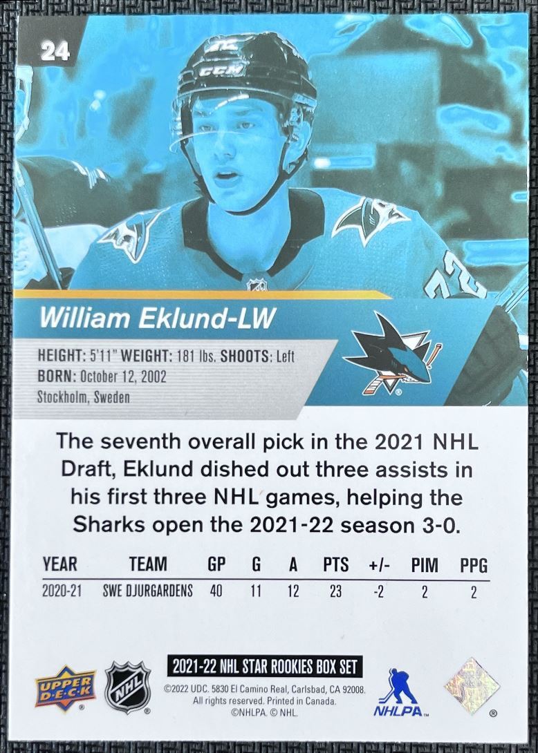 2021-22 Upper Deck NHL Star Rookie William Eklund Rookie San Jose Sharks #24