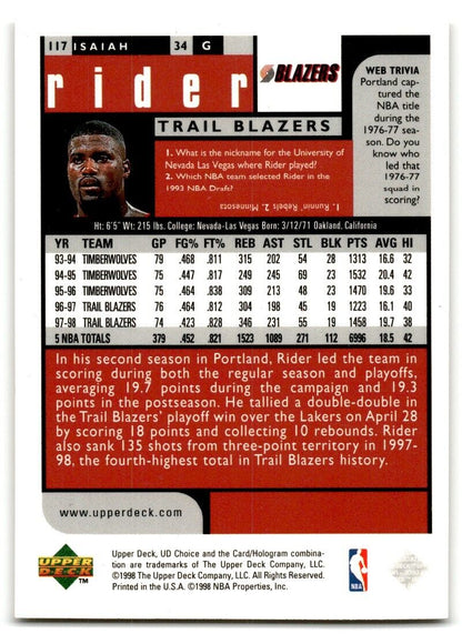 1998-99 UD Choice Isaiah Rider Portland Trail Blazers #117