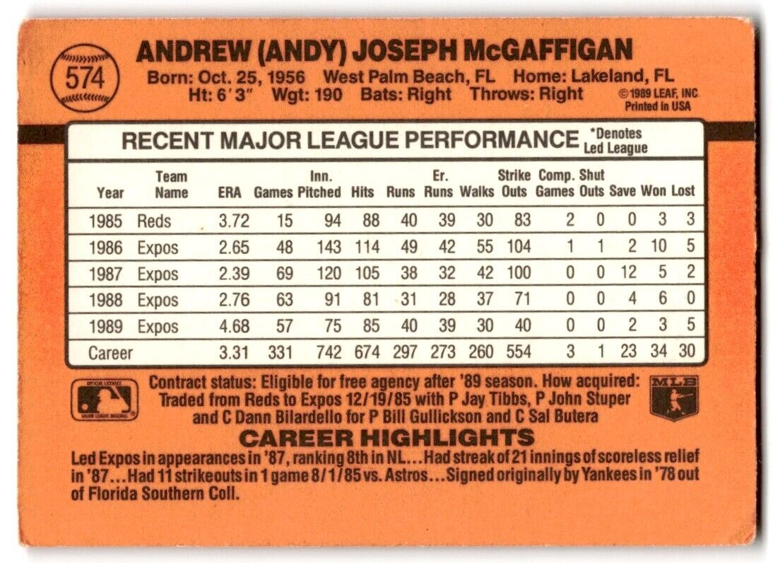 1990 Donruss Andy McGaffigan Montreal Expos #574