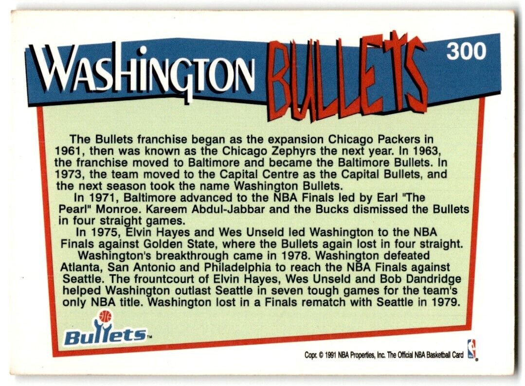 1991-92 Hoops Washington Bullets Washington Bullets #300