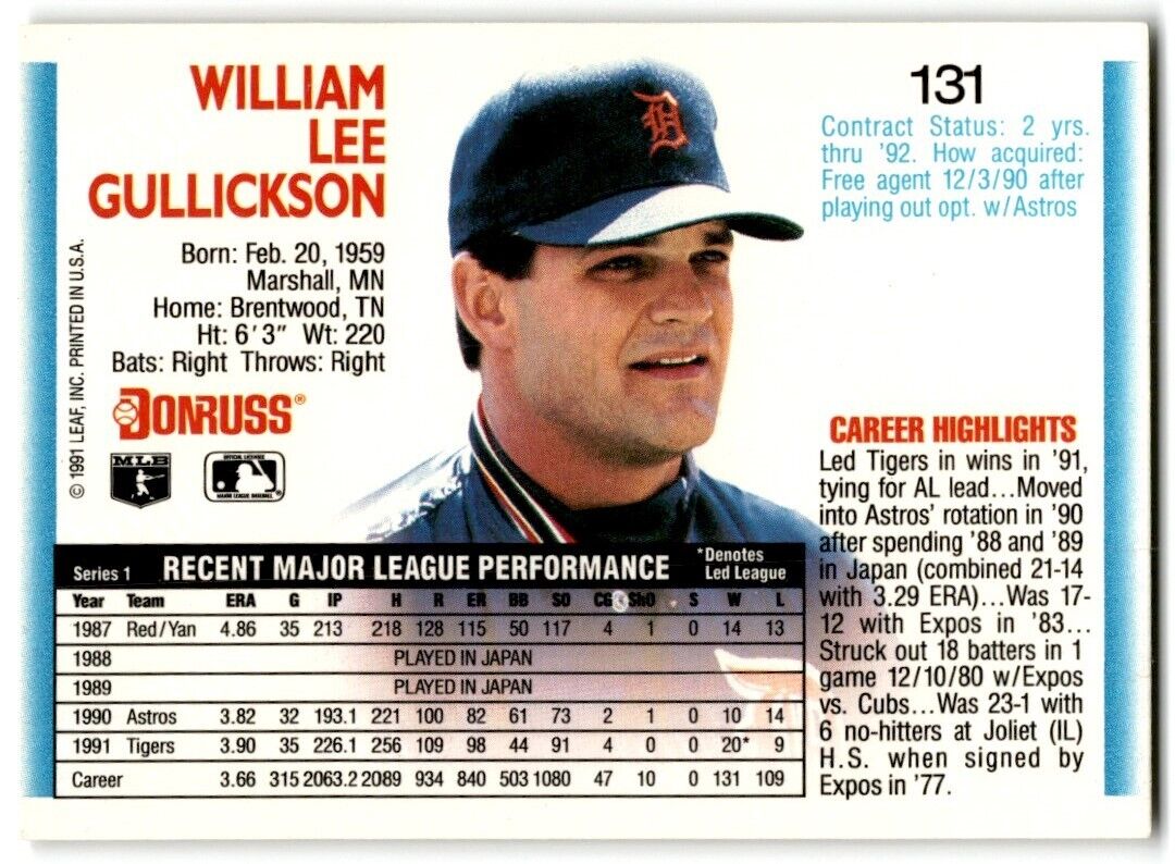 1992 Donruss Bill Gullickson Detroit Tigers #131