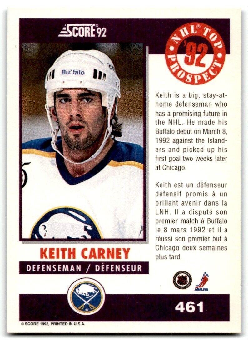 1992-93 Score Canadian Keith Carney Rookie Buffalo Sabres #461