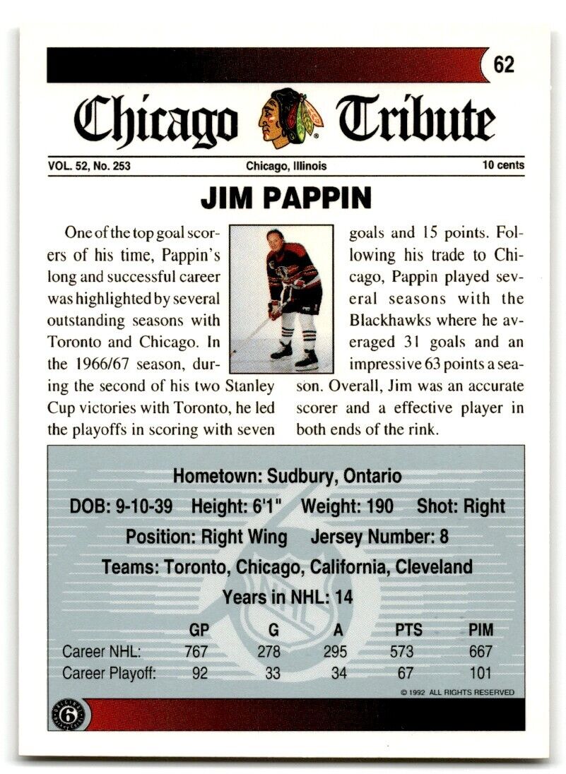 1991-92 Ultimate Original 6 Jim Pappin Chicago Blackhawks #62