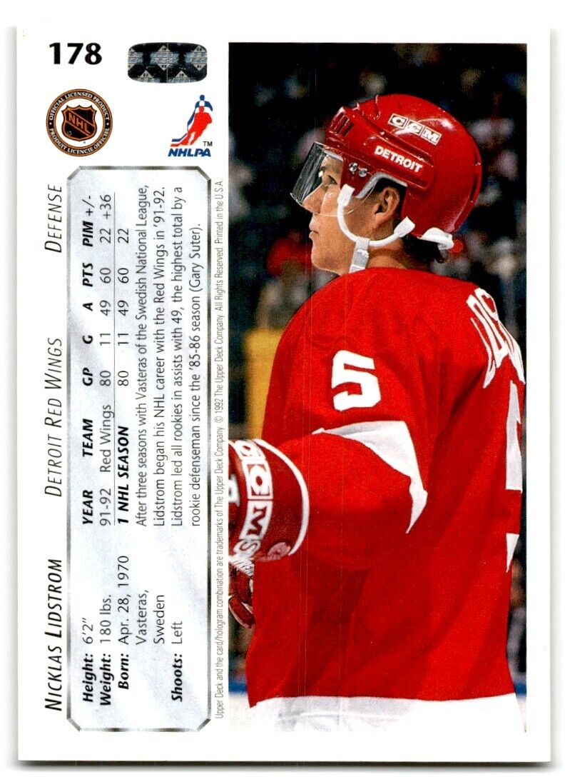 1992-93 Upper Deck Nicklas Lidstrom Detroit Red Wings #178