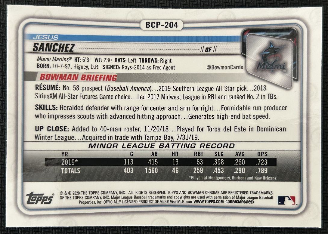 2020 Bowman Chrome Prospects Jesus Sanchez Miami Marlins #BCP-204