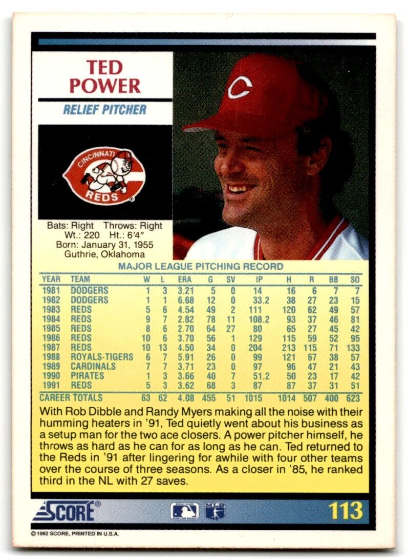 1992 Score Ted Power Cincinnati Reds #113