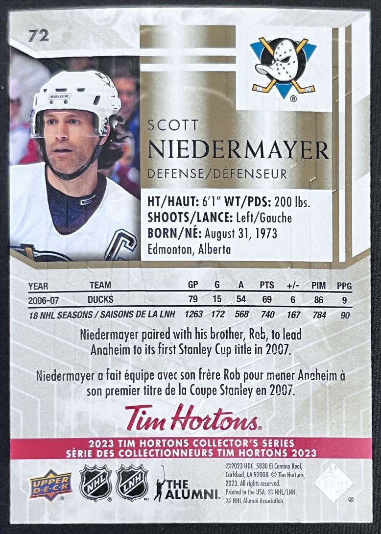 2023-24 Upper Deck Tim Hortons Legends Tim Horton Scott Niedermayer Anaheim