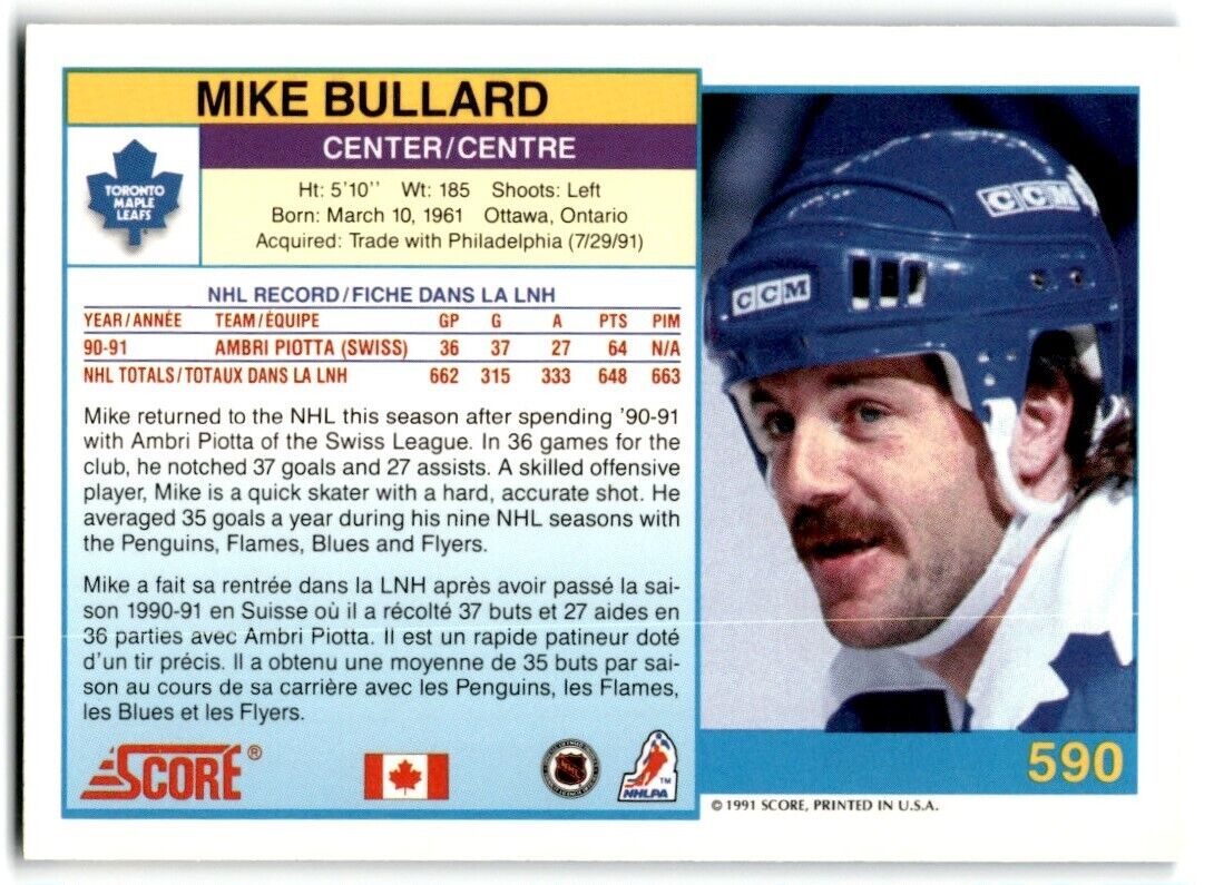 1991-92 Score Canadian Bilingual Mike Bullard Toronto Maple Leafs #590