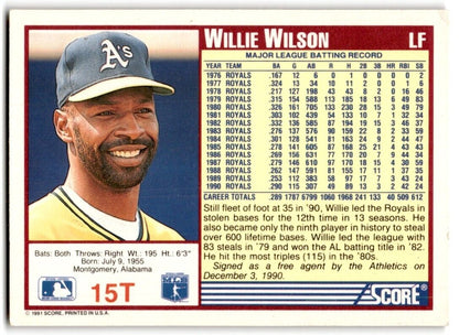 1991 Score Willie Wilson Oakland Athletics #15T