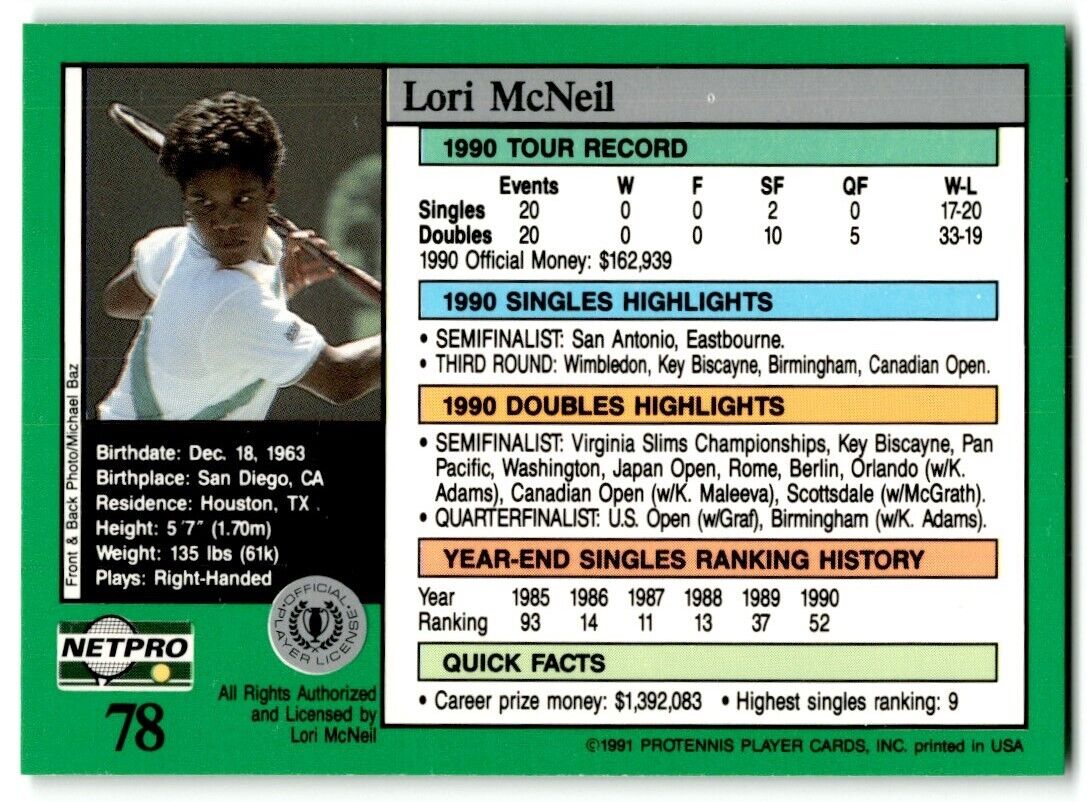 1991 Protennis player Cards Netpro Tour Star Lori McNeil #78