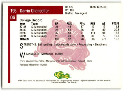 1991-92 Classic Darrin Chancellor Rookie Southern Miss Golden Eagles #195