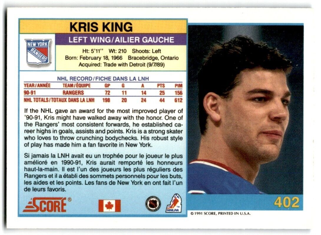 1991-92 Score Canadian Bilingual Kris King New York Rangers #402