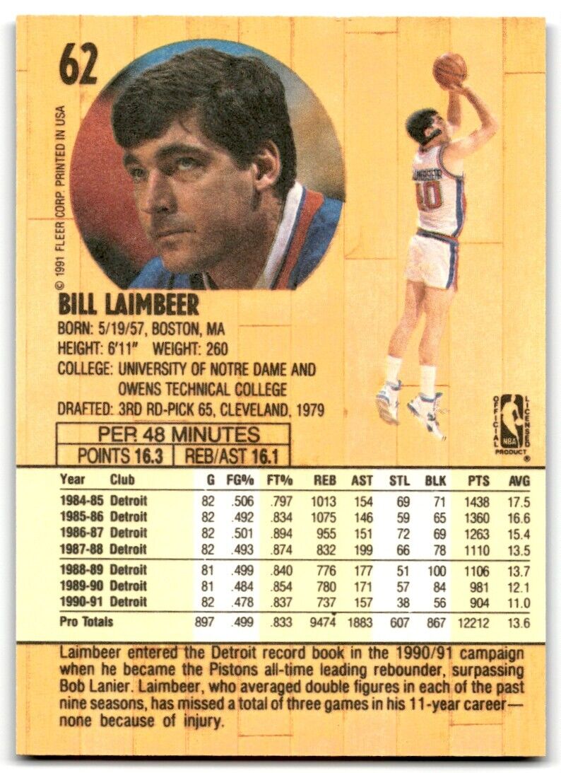 1991-92 Fleer Bill Laimbeer Detroit Pistons #62