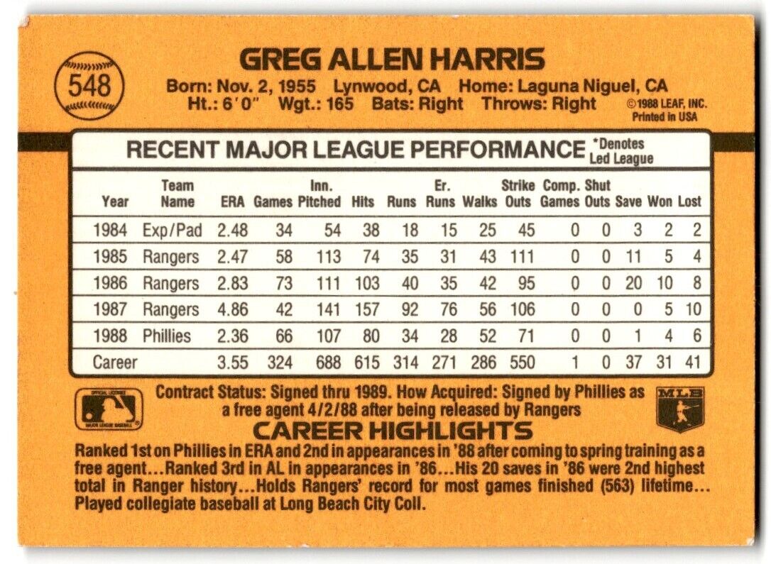 1989 Donruss Greg Harris Philadelphia Phillies #548