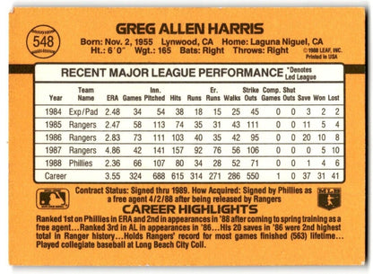 1989 Donruss Greg Harris Philadelphia Phillies #548