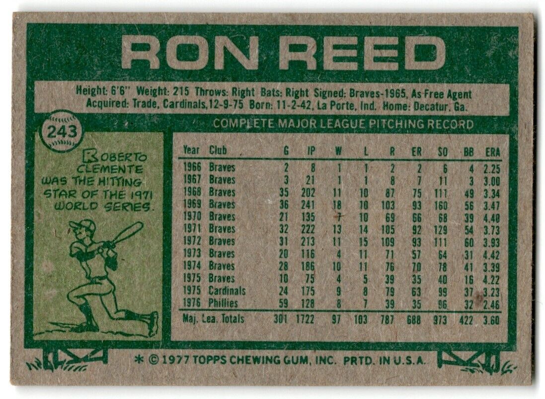 1977 Topps Ron Reed Philadelphia Phillies #243