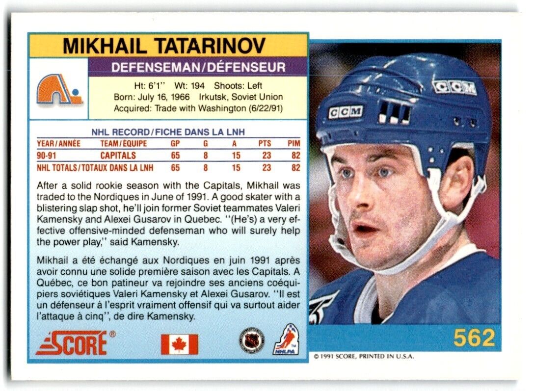 1991-92 Score Canadian Bilingual Mikhail Tatarinov Quebec Nordiques #562