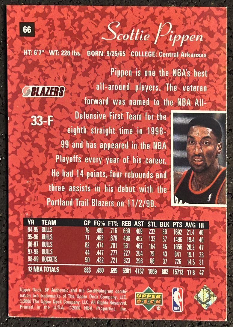 2000-01 Upper Deck SP Authentic Scottie Pippen Portland Trail Blazers #33-F